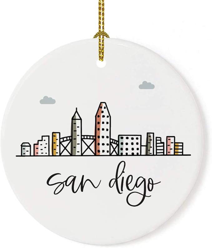 Andaz Press Round Ceramic Porcelain Christmas Tree Ornament Keepsake, San Diego Colorful City Skyline Graphic, 1-Pack, Birthday Gift Ideas Family Coworker Him Her, Includes Gift Box
