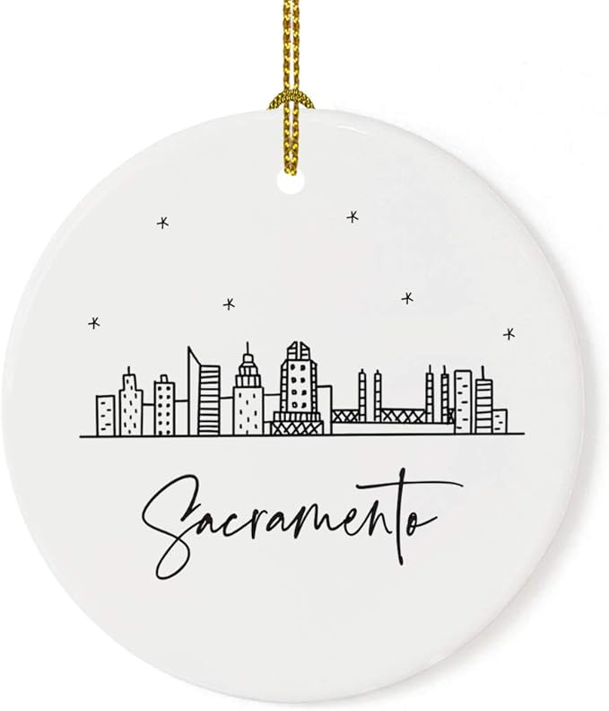 Andaz Press Round Ceramic Porcelain Christmas Tree Ornament Keepsake Gift, Sacramento, Black and White Stars City Skyline Graphic, 1-Pack, Birthday Ideas Family Coworker Him Her, Includes Gift Box