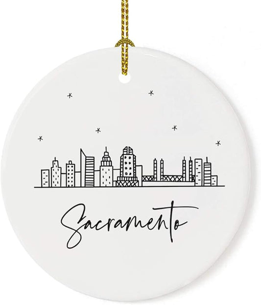 Andaz Press Round Ceramic Porcelain Christmas Tree Ornament Keepsake Gift, Sacramento, Black and White Stars City Skyline Graphic, 1-Pack, Birthday Ideas Family Coworker Him Her, Includes Gift Box