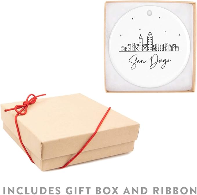 Andaz Press Round Ceramic Porcelain Christmas Tree Ornament Keepsake, San Diego Black and White Stars City Skyline Graphic, 1-Pack, Birthday Gift Idea for Family, Coworker, Him, Her, Includes Gift Box