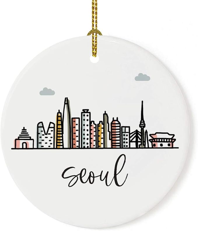 Andaz Press Round Ceramic Porcelain Christmas Tree Ornament Keepsake Gift, Seoul, Colorful International City Skyline Graphic, 1-Pack, Birthday Ideas Family Coworker Him Her, Gift Box