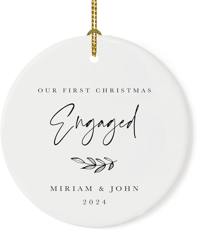 Andaz Press Personalized Wedding Engagement Round Ceramic Porcelain Christmas Ornament Engagement Keepsake Collectible Gift, Our First Christmas Engaged, Miriam & John 2024, Antique Handdrawn, 1-Pack