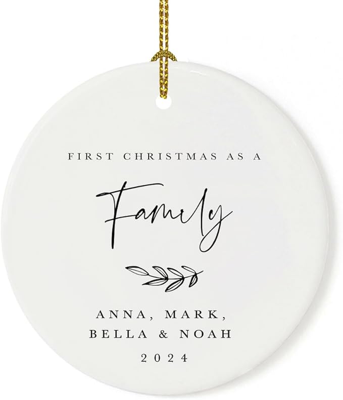 Andaz Press Personalized Round Ceramic Porcelain Christmas Tree Ornament Keepsake Collectible Gift, Our First Christmas as a Family, Anna, Mark, Olivia & Noah 2024, Antique Handdrawn, 1-Pack