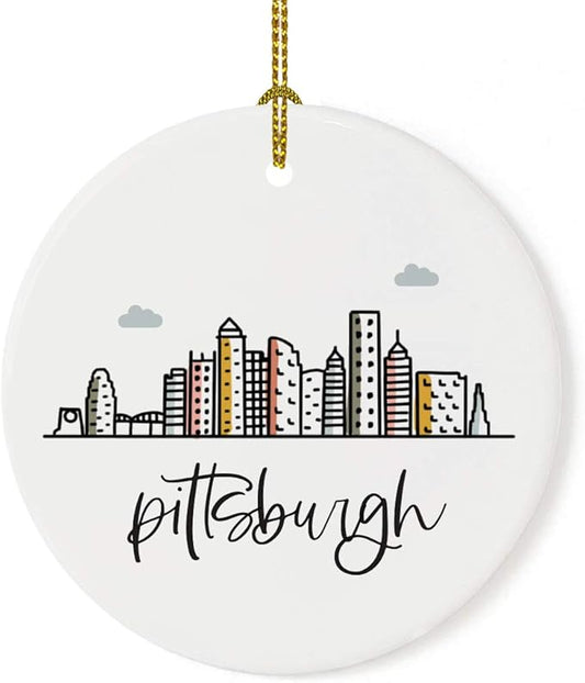 Andaz Press Round Ceramic Porcelain Christmas Tree Ornament Keepsake, Pittsburgh Colorful City Skyline Graphic, 1-Pack, Birthday Gift for Family Coworker Him Her, Includes Gift Box