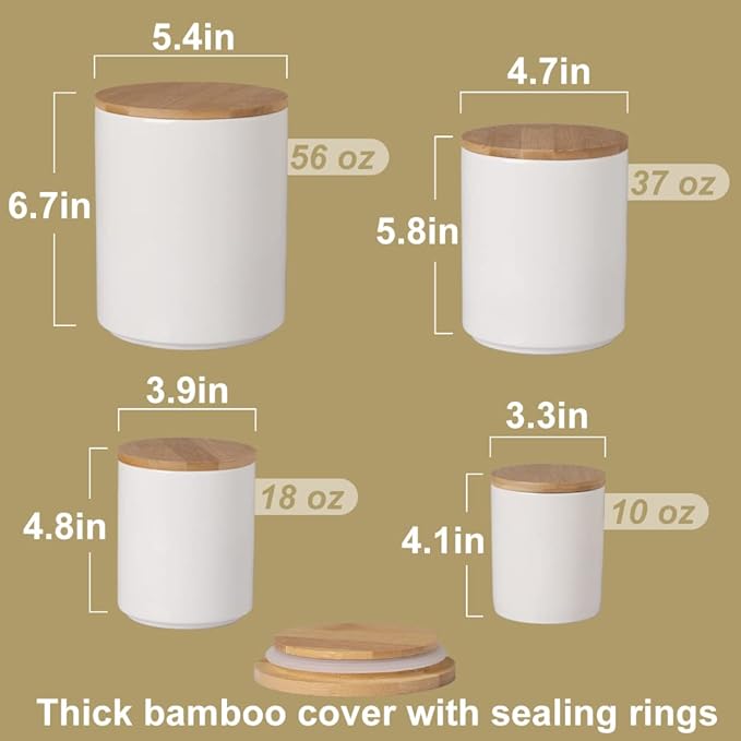 Sweejar Kitchen Canisters Ceramic Food Storage Jar Set, Stackable Containers with Airtight Seal Bamboo Lid for Serving Ground Coffee, Tea,Grains, Herbs,Sugar, Salt and More - Pack of 4（Gray）