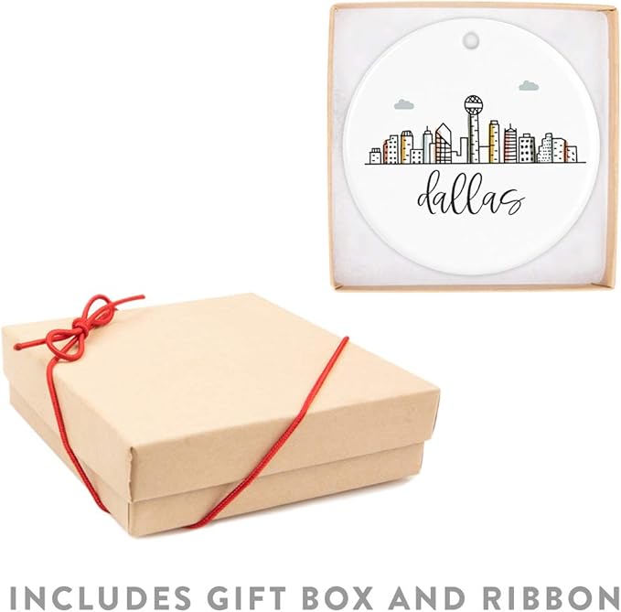 Andaz Press Round Ceramic Porcelain Christmas Tree Ornament Keepsake Gift, Colorful Dallas City Skyline, 1-Pack, Birthday Ideas Family Coworker Gift, Includes Box