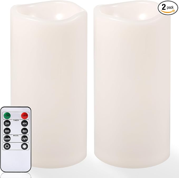 NURADA 8" x 4" Large Outdoor Flameless Candles - Waterproof LED Pillar Flickering Candle Battery Operated with Timer Remote Control for Patio Porch Lanterns Decor - Long Lasting Set of 2