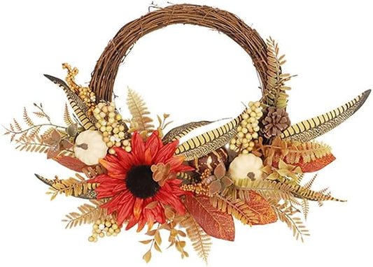 Fall Wreaths for Front Door, Autumn Wreath with Pumpkins, Berries and Leaves for Indoor Outdoor Porch Thanksgiving Farmhouse Harvest Halloween Home Décor (White Pumpkin)