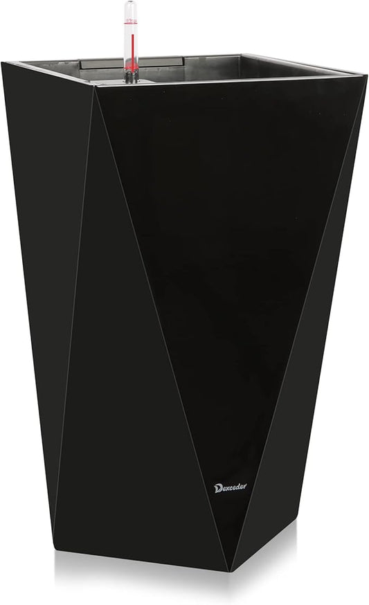 Dexceder 20 Inches Tall Self Watering Planter Diamond High Gloss Indoor Outdoor, Thickened Rhombus Large Floor Standing Flower Plant Pot with Water Level Indicator (Black)