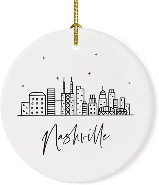 Andaz Press Round Ceramic Porcelain Christmas Tree Ornament, Nashville Black and White Stars City Skyline, 1-Pack, Birthday Ideas for Family Coworker, Christmas Ornament