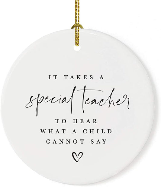 Andaz Press Round Ceramic Porcelain Christmas Tree Ornament For Teacher, It Takes A Special Teacher To What A Child Cannot Say, Heart Graphic 1-Pack Autism Therapist Special Education Teacher Ornament