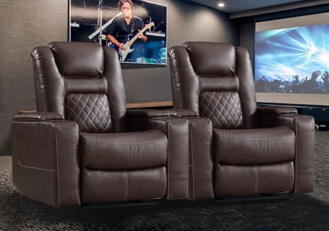 CANMOV Electric Power Recliner Chair Set of 2, Breathable Leather Home Theater Seating with Hidden Arm Storage, Power Recliner Chair for Living Room with USB Ports and Cup Holders,Red Brown