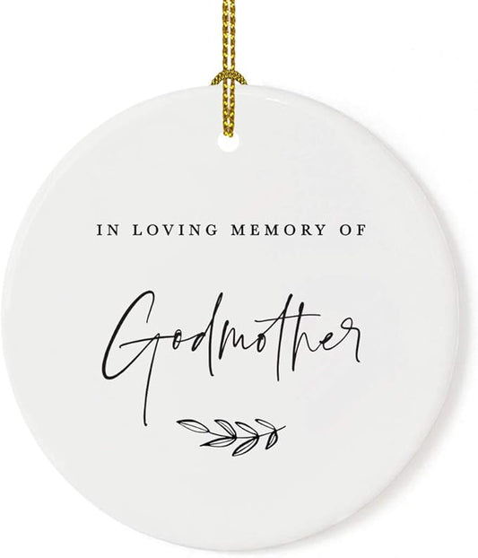 Andaz Press Round Ceramic Porcelain Christmas Tree Ornament Keepsake Collectible Godmother Bereavement Memorial Gift, in Loving Memory of My Godmother, 1-Pack