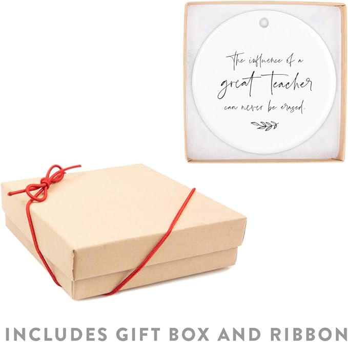 Andaz Press Round Ceramic Porcelain Christmas Tree Ornament for Teacher Thank You Appreciation Graduation Gift, The Influence of a Great Teacher Can Never Be Erased, 1-Pack