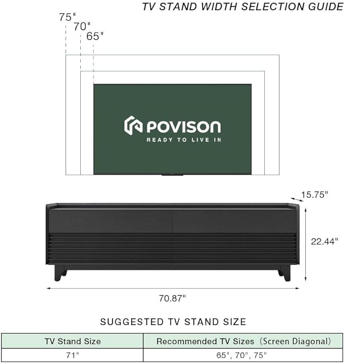 POVISON Fully-Assembled Mid Century Modern TV Stand with Legs, Wood Media Console with Adjustable LED Light for 65-inch TVs, Entertainment Center with Storage for Living Room