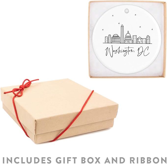 Andaz Press Round Ceramic Porcelain Christmas Tree Ornament, Washington, DC, Black and White Stars City Skyline, 1-Pack, Birthday Family Coworker, Includes Gift Box Washington DC Christmas Ornament