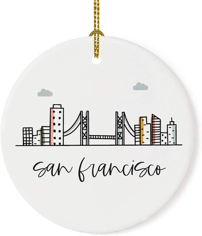 Andaz Press Round Ceramic Porcelain Christmas Tree Ornament Keepsake, San Francisco, Colorful City Skyline Graphic, 1-Pack, Birthday Gift Ideas Family Coworker Him Her, Includes Gift Box