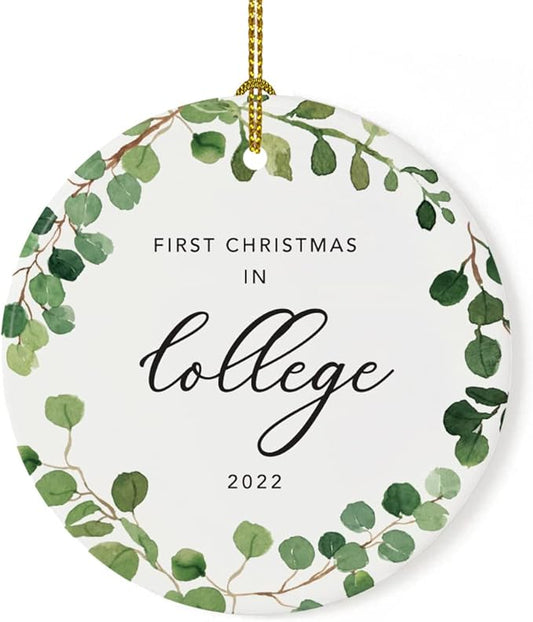 Andaz Press Custom Year Round Ceramic Porcelain Christmas Tree Ornament Keepsake Collectible Gift, First Christmas in College 2025, Farmhouse Eucalyptus Wreath, 1-PackGraduation Gift Ideas