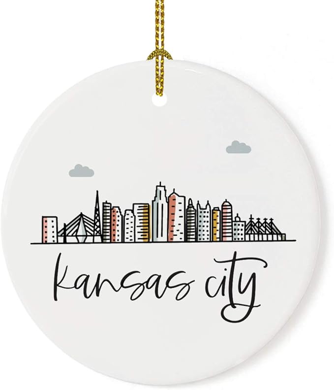 Andaz Press Round Ceramic Porcelain Christmas Tree Ornament, Colorful Kansas City Skyline 1-Pack, Birthday & for Family & Coworkers, Includes Box