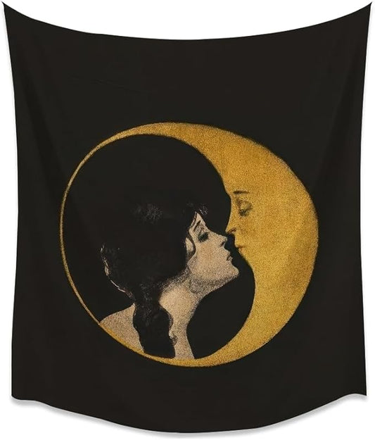 Dark Academia Woman Kissing Moon Art Tapestry Gothic Aesthetic Wall Hanging Witchy Picture Print Moon Goddess Tapestries Wall Decor for Living Room Bedroom Dorm 50x60inch