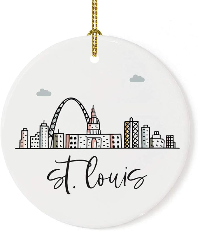 Andaz Press Round Ceramic Porcelain Christmas Tree Ornament Keepsake Gift, St. Louis, Colorful City Skyline Graphic, 1-Pack, Birthday Family Coworker Includes Gift Box St. Louis Ornament 2024