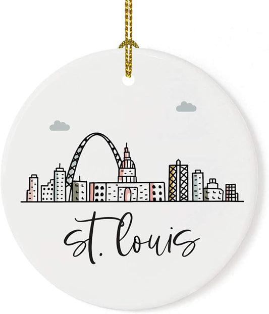 Andaz Press Round Ceramic Porcelain Christmas Tree Ornament Keepsake Gift, St. Louis, Colorful City Skyline Graphic, 1-Pack, Birthday Family Coworker Includes Gift Box St. Louis Ornament 2024
