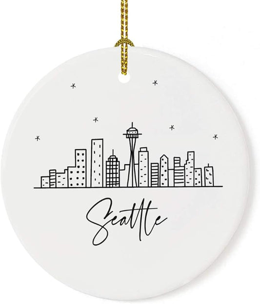Andaz Press Round Ceramic Porcelain Christmas Tree Ornament Keepsake, Seattle Black and White Stars City Skyline Graphic, 1-Pack, Birthday Gift Ideas Family Coworker Him Her, Includes Gift Box
