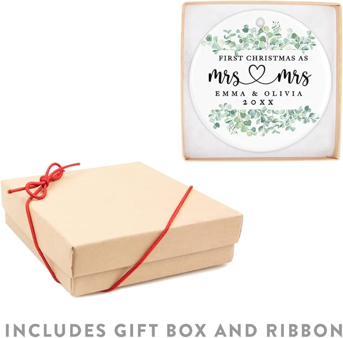 Andaz Press Personalized Our First Christmas As Mrs. & Mrs. 2025 Christmas Ornaments Greenery Eucalyptus 2.8" Round Porcelain Ceramic Lesbian Married Couple Gay Women Newlyweds Keepsake 1-Pack