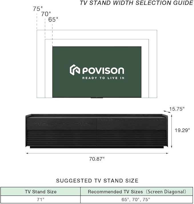 POVISON Fully-Assembled Mid Century Modern TV Stand, 70.87" Entertainment Center with LED Light, Black Walnut Solid Wood TV Console for Living Room, TV Stand with Storage