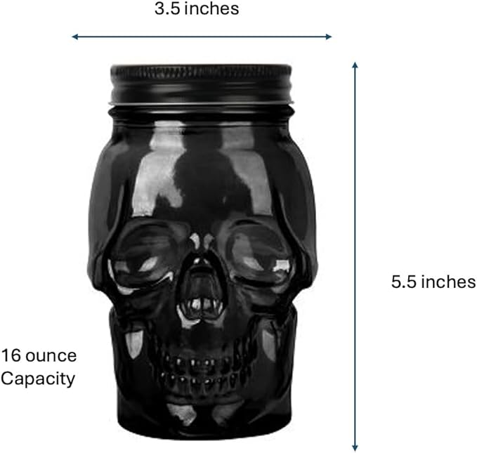 Set of 2 Skull Mason Jar Glasses with Lids | 16oz Reusable Halloween Drinking Glasses | Unique Skull Décor, Storage, & Canning Jars for Parties & Gifts