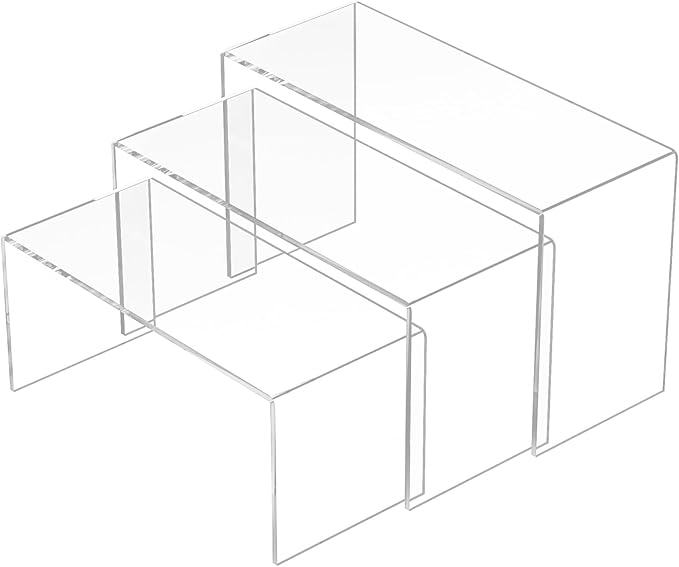 9x9.5x10 Inch Clear Display Risers Shelf 3pcs, Countertop Rectangular Acrylic Display Stands for Funko Pop Figure, Bags, Collectibles