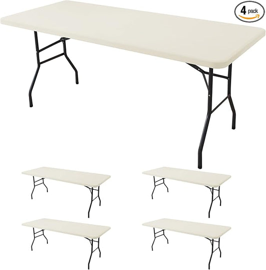 Fitted Tablecloth for 8 Foot Rectangle Tables-4 Pack Cream Elastic Outdoor Picnic Table Cover-Spandex Stretch Folding Table Cloths 8ft for Camping Dining Room Patio Kitchen Banquet Party