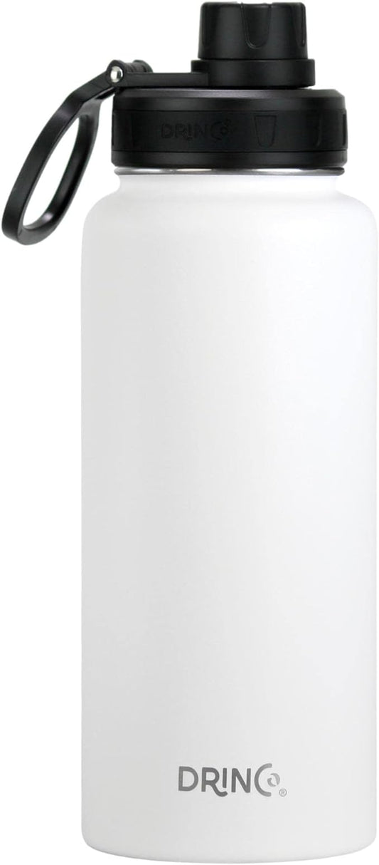 DRINCO Stainless Steel Water Bottle Spout Lid Vacuum Insulated Double Wall Water Bottle Wide Mouth (40oz 32oz 22oz 18oz 14oz) Leak Proof Keeps Cold or Hot (32 oz, 32oz Artic White)