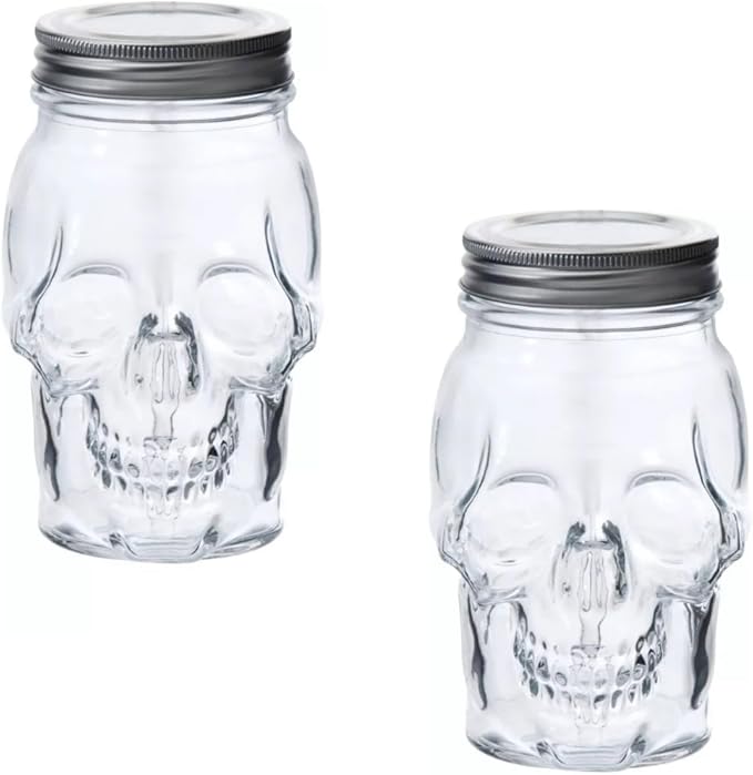 Set of 2 Skull Mason Jar Glasses with Lids | 16oz Reusable Halloween Drinking Glasses | Unique Skull Décor, Storage, & Canning Jars for Parties & Gifts