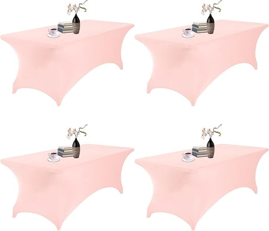4Pack Spandex Waterproof Table Covers 8ft，Spandex 8ft Waterproof Table Cover for Party,Wedding, Banquet, and Events(Blush Pink)