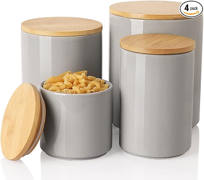 Sweejar Ceramic Kitchen Canister Sets, Porcelain Container for Countertop, Heavy Food Storage Jars with Airthight Seal Bamboo Lid, Servering for Sugar, Coffee Beans, Tea Leaves, Pack of 4（Gray）