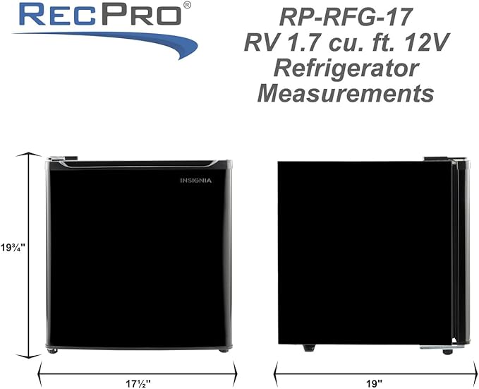 RecPro 1.7 Cu Ft 12V RV Refrigerator | Compact Fridge with Reversible Door, 2L Bottle Door Storage, 7 Temp Settings | Eco-Friendly R600A, Leveling Feet, Wire Shelf | 19.5”H x 17.5”W x 19.8”D