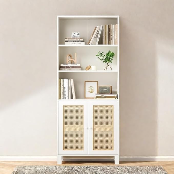 Tall Bookshelf, 5-Tier Book Shelf with 2 Rattan Doors, Freestanding Bookcase Display Shelves with Large Storage, Book Case for Living Room, Office, Study, Bedroom, 70.9 Inch