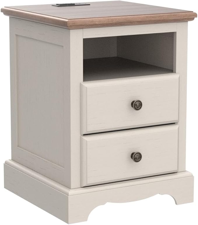 T4TREAM Nightstand with Charging Station, 18 Inch Vintage End Table with 2 Drawers, Wood Rustic Sofa Side Table with Open Storage Shelf for Bedroom, Living Room, Antique White