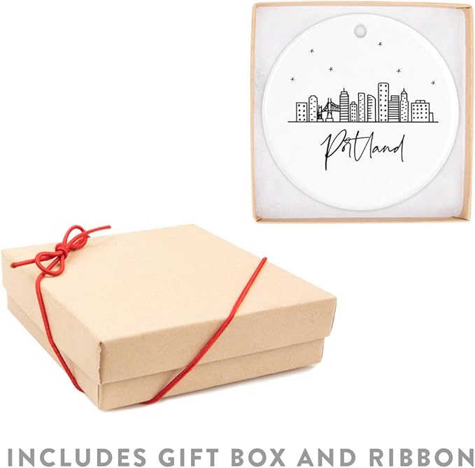 Andaz Press Round Ceramic Porcelain Christmas Tree Ornament Keepsake, Portland Black and White Stars City Skyline Graphic, 1-Pack, Birthday Gift Idea for Family, Coworker Him Her, Includes Gift Box