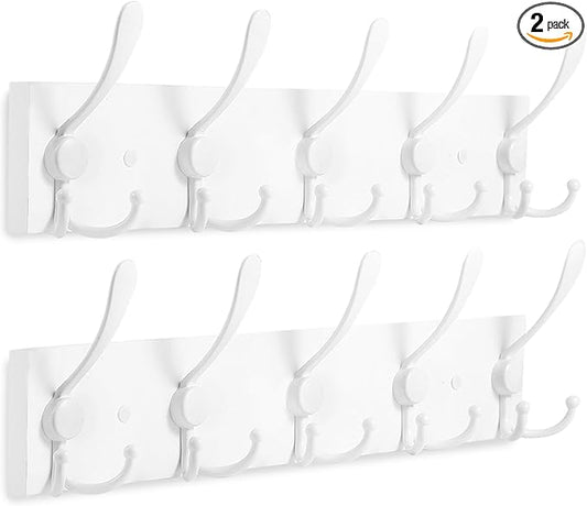2pcs Coat Rack Wall Mount Coat Hooks Wooden Hat Rack for Wall Hooks Pine Real Wood Plank 16.9" White Coat Hanger with 5 White Triple Hooks for Hanging Coat Hat Jacket