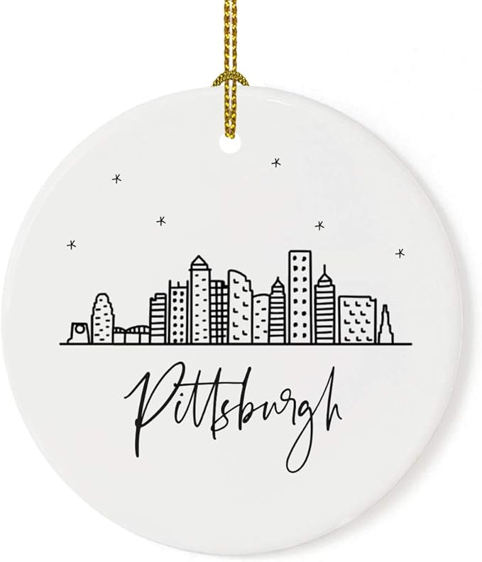 Andaz Press Round Ceramic Porcelain Christmas Tree Ornament Keepsake, Pittsburgh Black and White Stars City Skyline Graphic, 1-Pack, Birthday Gift Family Coworker Him Her, Includes Gift Box