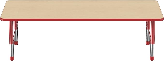 FDP Rectangle Activity School and Classroom Kids Table (30 x 72 inch), Chunky Toddler Leg, Adjustable Height 15-24 inches - Maple Top and Red Edge