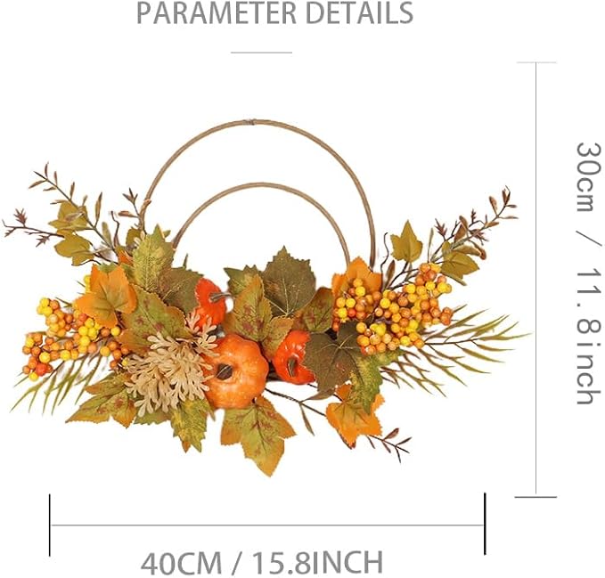 Fall Wreaths for Front Door, Autumn Wreath with Pumpkins, Berries and Leaves for Indoor Outdoor Porch Thanksgiving Farmhouse Harvest Halloween Home Décor (Orange Pumpkin)