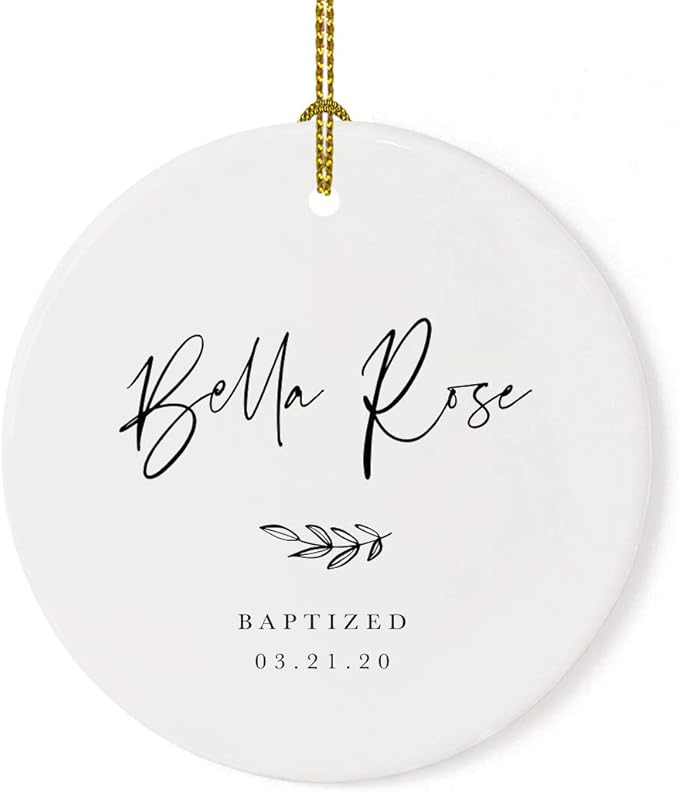 Andaz Press Personalized Round Ceramic Porcelain Christmas Tree Ornament Engagement Collectible Gift for Baby, Ava Marie Carter Baptized 03.21.20, Antique Handdrawn, 1-Pack