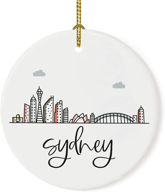 Andaz Press Round Ceramic Porcelain Christmas Tree Ornament Keepsake Gift, Sydney, Colorful International City Skyline Graphic, 1-Pack, Birthday Ideas Family Coworker Him Her, Gift Box