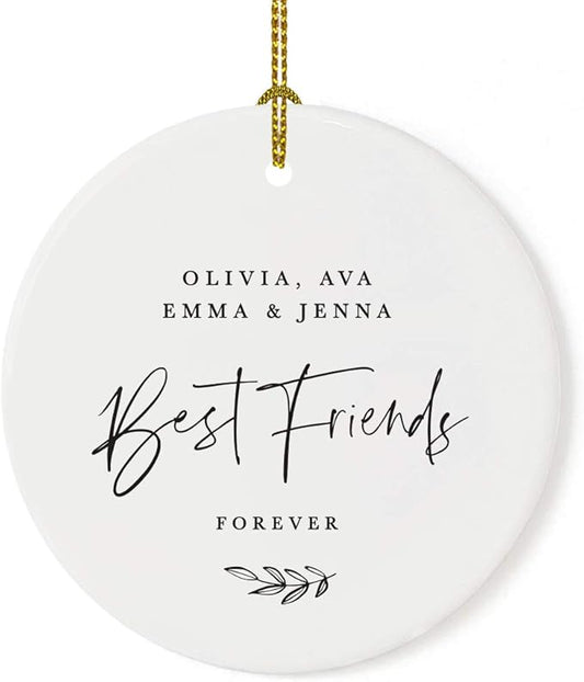 Andaz Press Personalized Best Friends Round Ceramic Porcelain Christmas Tree Ornament Keepsake Collectible Gift, Olivia, Ava, Emma & Jenna, Best Friends Forever 2025, Antique Handdrawn, 1-Pack