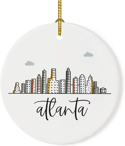 Andaz Press Round Ceramic Porcelain Christmas Tree Ornament, Atlanta Colorful City Skyline Graphic, 1-Pack Birthday Ideas Family Coworker Gift, Includes Gift Box