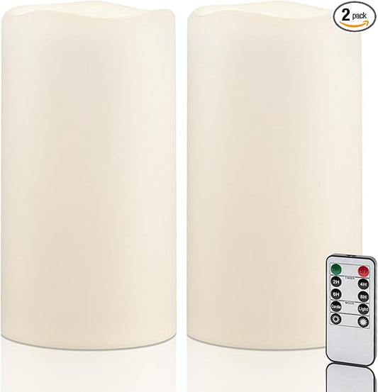 Amagic 2 Pack 6" x 4" Outdoor Plastic Electric flameless Candles with Remote Control and Timer, Battery Operated Flickering LED Pillar Fake Candle for Home, Wedding Decor, Ivory