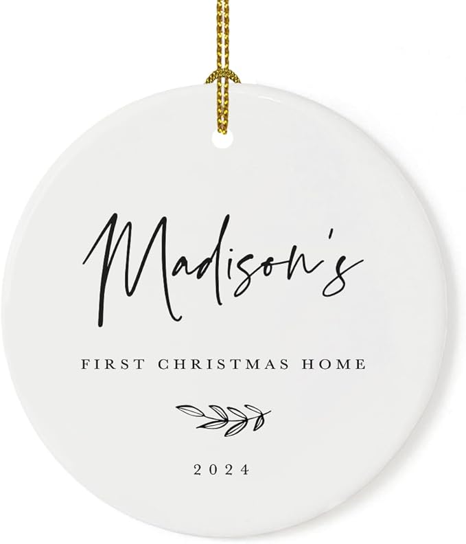 Andaz Press Personalized Adoption Round Ceramic Porcelain Christmas Tree Ornament Keepsake Collectible Gift, Madison's First Christmas Home 2024, Antique Handdrawn, 1-Pack